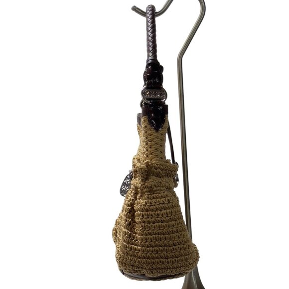 BRIGHTON Women's Woven Jute/Leather Hobo Bag Braided Leather Handle Zip Closure - Picture 3 of 11